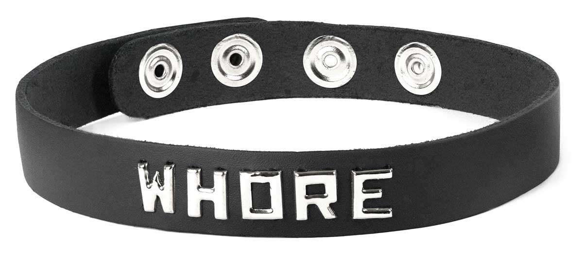 Spartacus S&M Wordband Collar "Whore" – Black Leather BDSM Choker