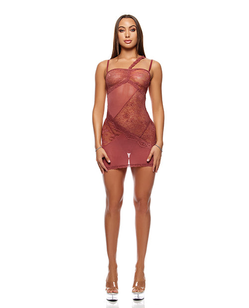 Patch of Petals Sheer Mesh and Lace Chemise w/Thong 2 pc Set - Mauve MD
