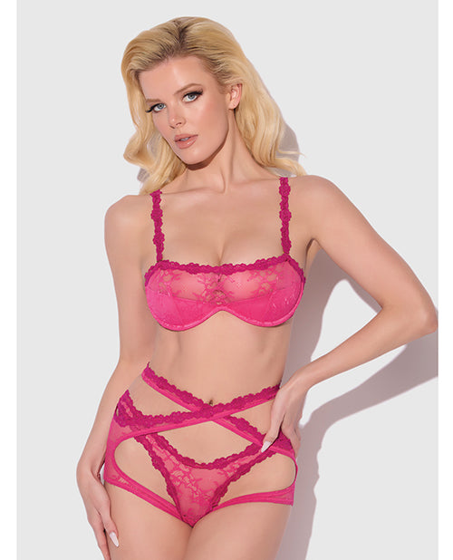 Yvone Lace Bra w/Removable Straps, Garter & Tanga Panty 3 pc Set - Pink XL
