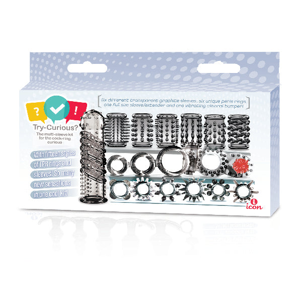Try-Curious Cock Ring & Sleeve Set – 15 Piece TPR Enhancement Kit with Textured Rings & Sleeves | Icon Brands