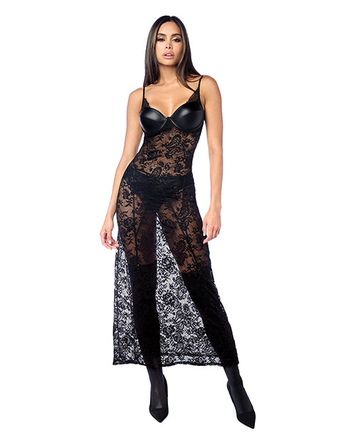 Lace Underwire Long Gown w/Panty & Garter Belt 2 pc Set (Stockings not Included) - Black S/M