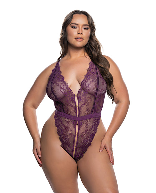 Floral Lace Fetish Teddy - Purple 1X/2X