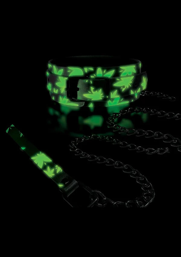 Stoner Vibes Chronic Collection Glow in the Dark Collar & Leash – Vegan Leather BDSM Accessory