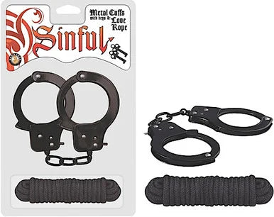 Doctor John's Sinful Metal Cuffs with Love Rope – Black
