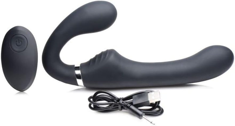 Strap U Mighty Rider 10X Vibrating Strapless Strap-On Black – Rechargeable Silicone Dildo