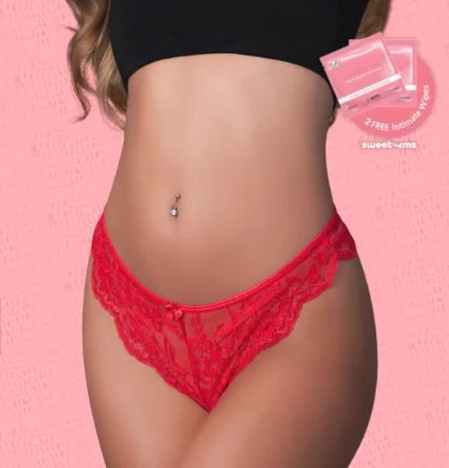 Sweetums Split Panty Cherry with Wipes S/M – Flavored Open Back Panty Set