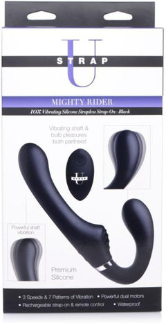 Strap U Mighty Rider 10X Vibrating Strapless Strap-On Black – Rechargeable Silicone Dildo