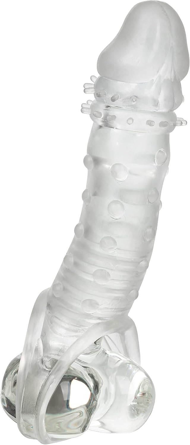CalExotics Ultimate Stud Extender Clear – Ribbed Penis Extension Sleeve with Scrotum Support Ring