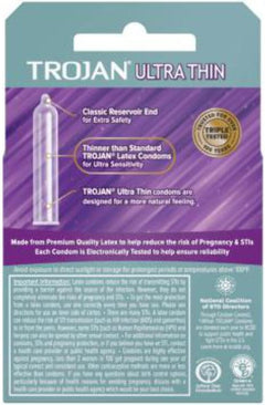 Trojan Ultra Thin Lubricated Latex Condoms – 3 Pack Premium Thin Condoms with Reservoir Tip