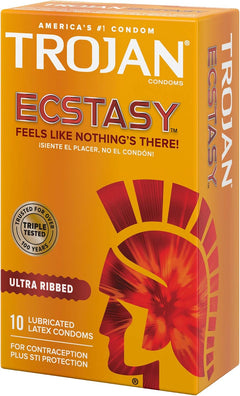 Trojan Ultra Ribbed Ecstasy Lubricated Condoms – 10 Pack Premium Ribbed Latex Condoms with UltraSmooth Lubricant