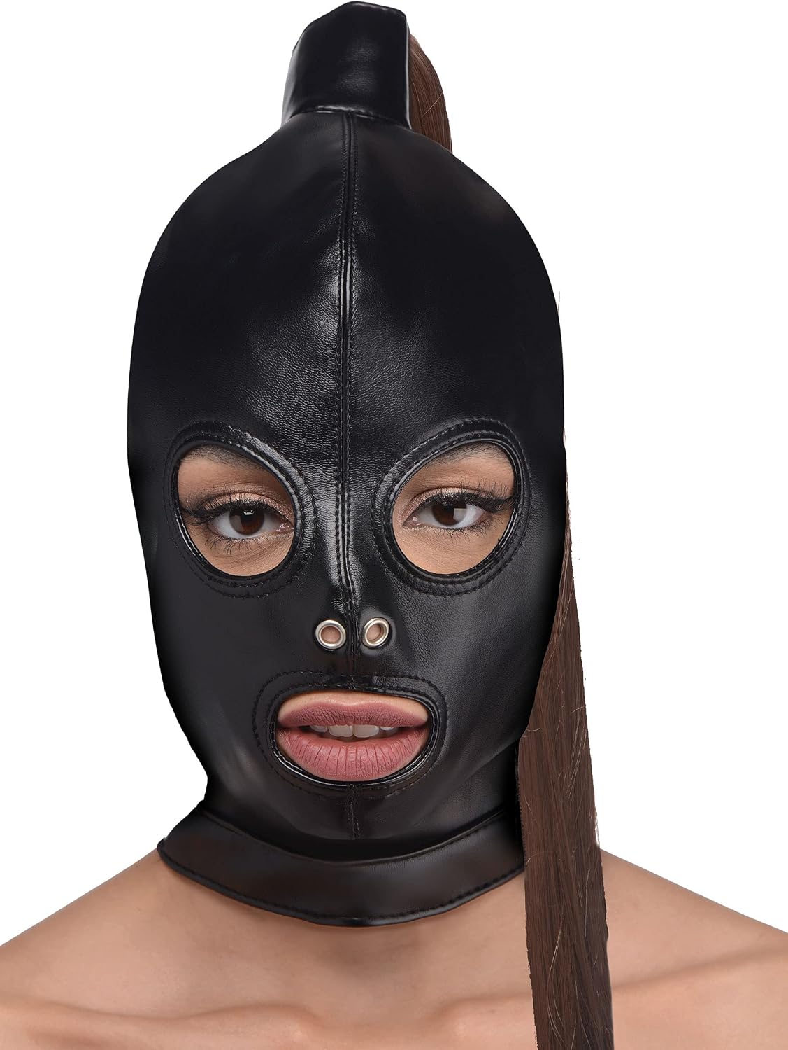 Strict Ponytail Bondage Hood Black – PU Leather Fetish Mask with Long Ponytail