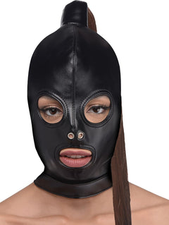 Strict Ponytail Bondage Hood Black – PU Leather Fetish Mask with Long Ponytail