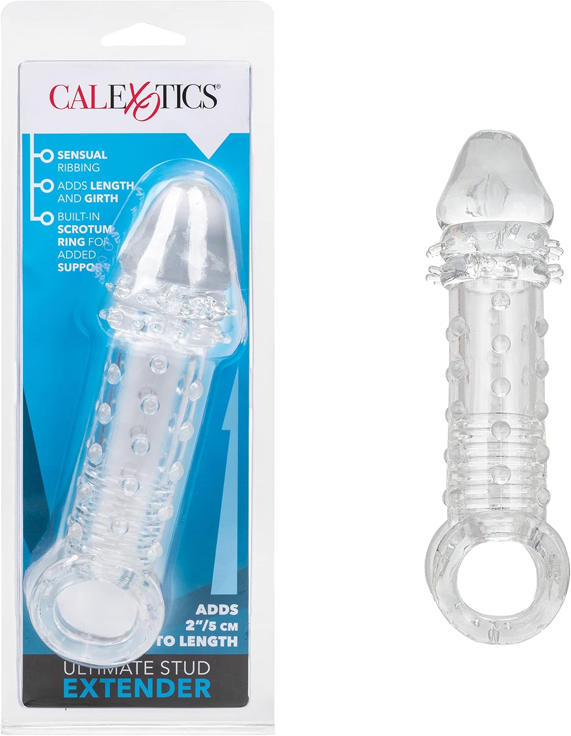 CalExotics Ultimate Stud Extender Clear – Ribbed Penis Extension Sleeve with Scrotum Support Ring