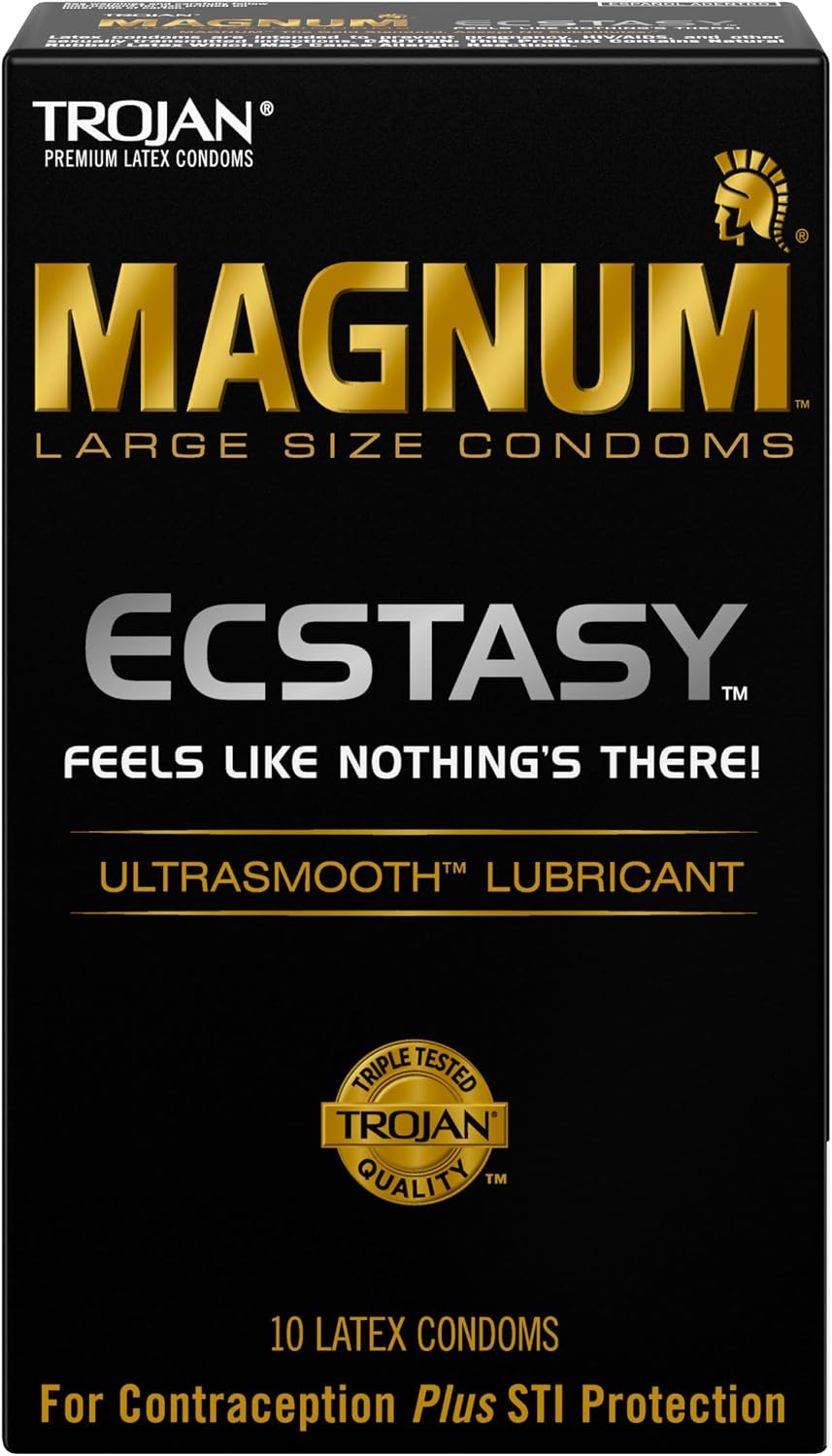 Trojan Magnum Ecstasy UltraSmooth Lubricated Condoms – Large Size Textured Latex Condoms 10 Pack