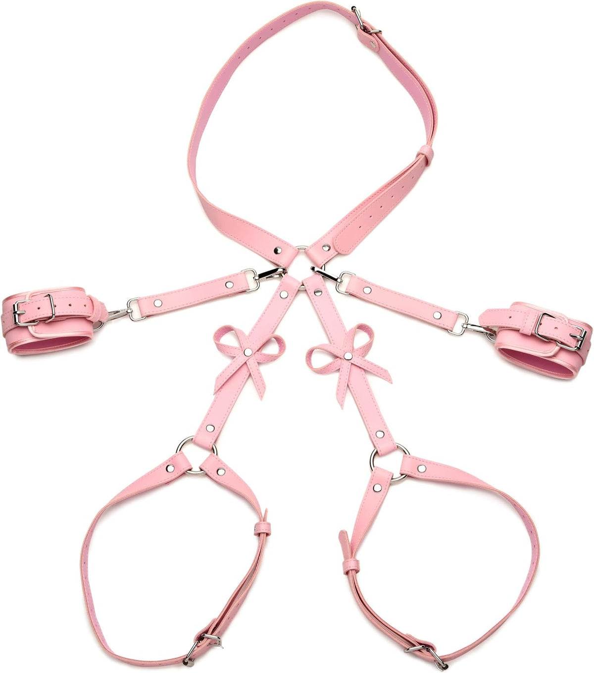 Strict Bondage Harness with Bows Pink XL/2XL – Adjustable PU Leather Restraint Harness