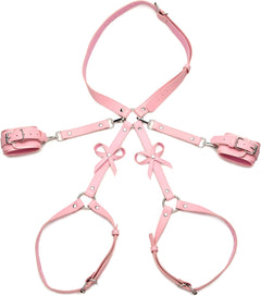 Strict Bondage Harness with Bows Pink XL/2XL – Adjustable PU Leather Restraint Harness