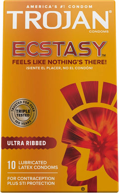 Trojan Ultra Ribbed Ecstasy Lubricated Condoms – 10 Pack Premium Ribbed Latex Condoms with UltraSmooth Lubricant
