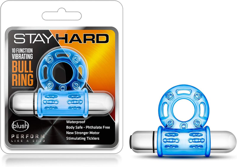 Stay Hard 10 Function Vibrating Bull Ring Blue – Rechargeable Silicone Cock Ring