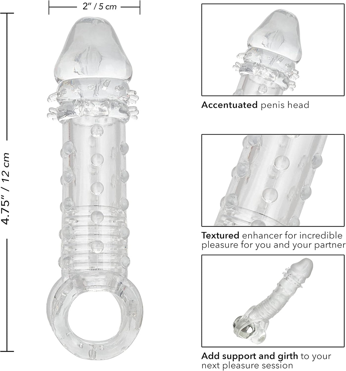 CalExotics Ultimate Stud Extender Clear – Ribbed Penis Extension Sleeve with Scrotum Support Ring