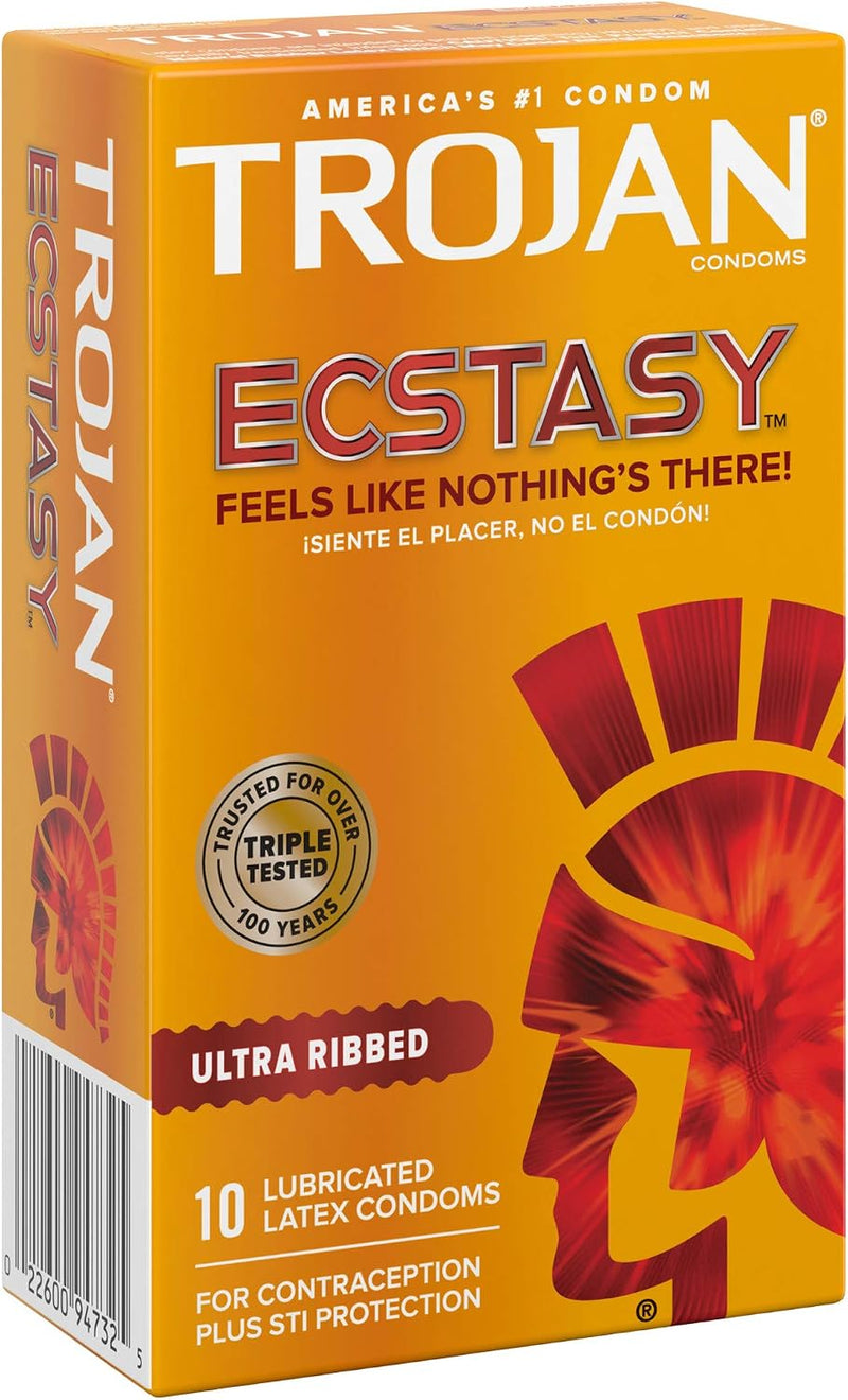 Trojan Ultra Ribbed Ecstasy Lubricated Condoms – 10 Pack Premium Ribbed Latex Condoms with UltraSmooth Lubricant