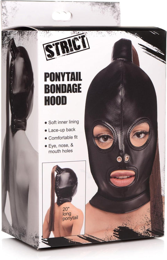 Strict Ponytail Bondage Hood Black – PU Leather Fetish Mask with Long Ponytail