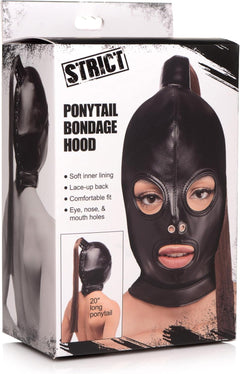 Strict Ponytail Bondage Hood Black – PU Leather Fetish Mask with Long Ponytail