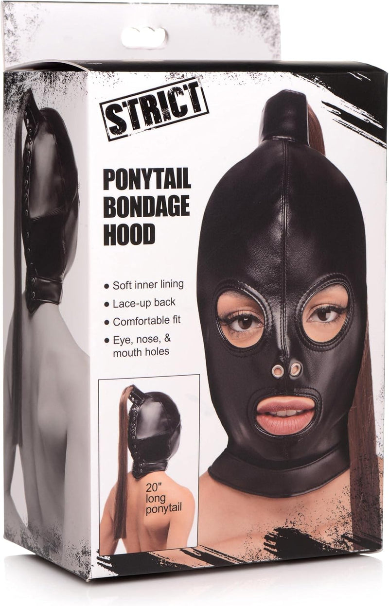Strict Ponytail Bondage Hood Black – PU Leather Fetish Mask with Long Ponytail