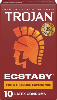 Trojan Ultra Ribbed Ecstasy Lubricated Condoms – 10 Pack Premium Ribbed Latex Condoms with UltraSmooth Lubricant