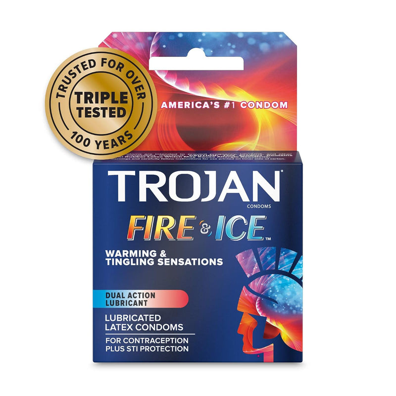 Trojan Pleasures Fire & Ice Lubricated Condoms – 3 Pack Dual Action Warming & Tingling Latex Condoms
