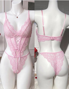 Petal Pink Teddy One Size – Lace Lingerie Bodysuit with Floral Details