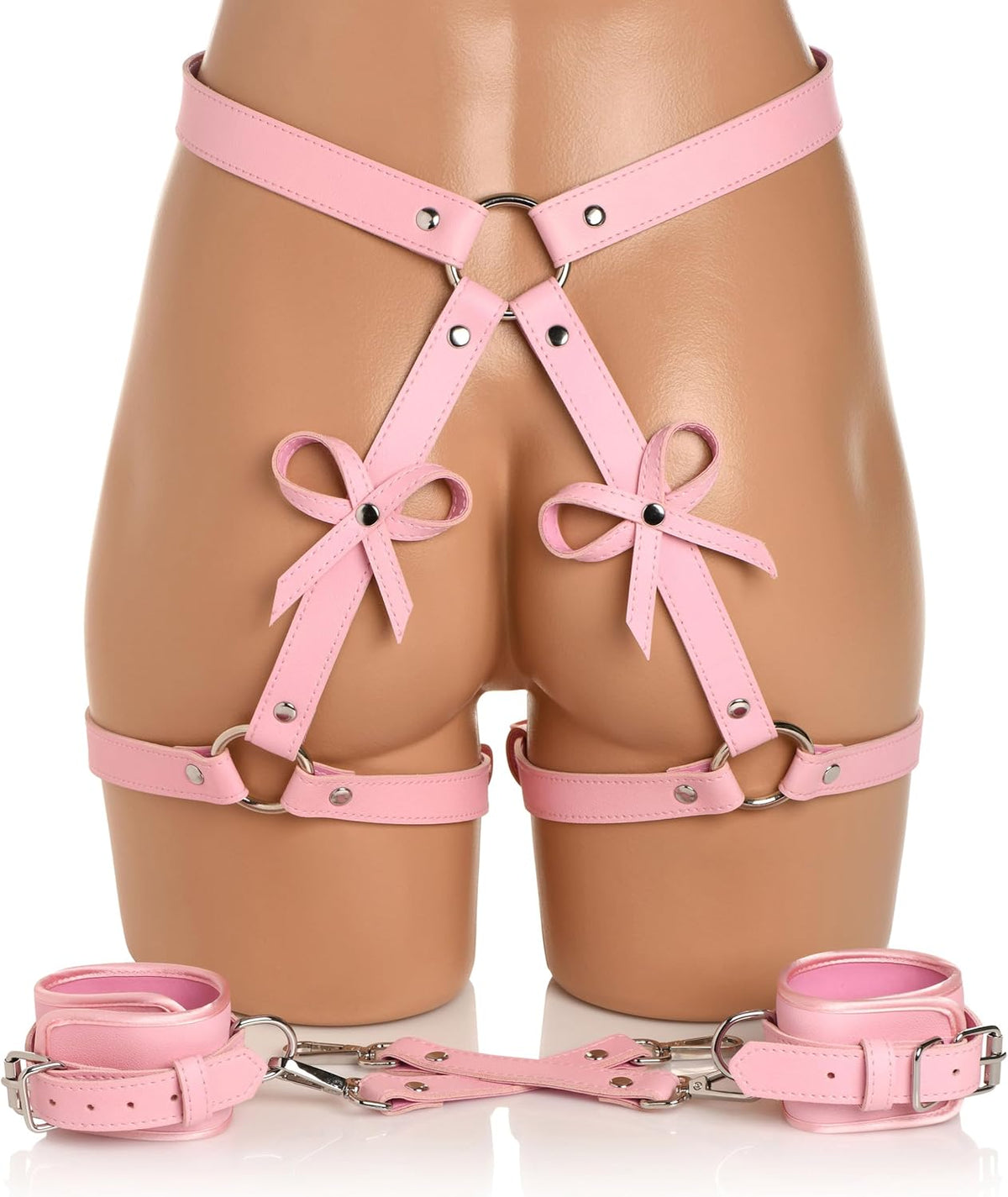 Strict Bondage Harness with Bows Pink XL/2XL – Adjustable PU Leather Restraint Harness
