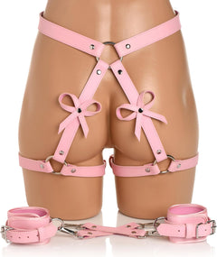 Strict Bondage Harness with Bows Pink XL/2XL – Adjustable PU Leather Restraint Harness