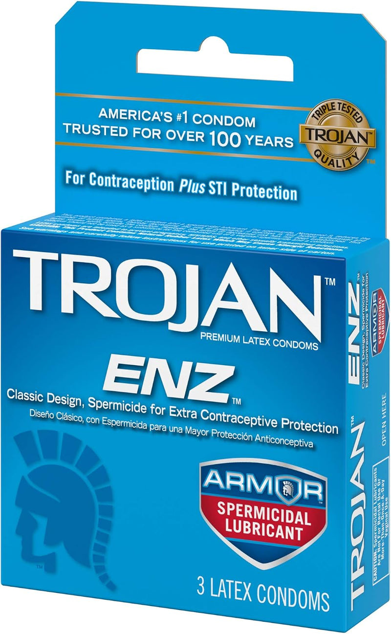 Trojan ENZ Spermicidal Lubricated Latex Condoms – 3 Pack with Nonoxynol-9 Spermicide & Reservoir Tip