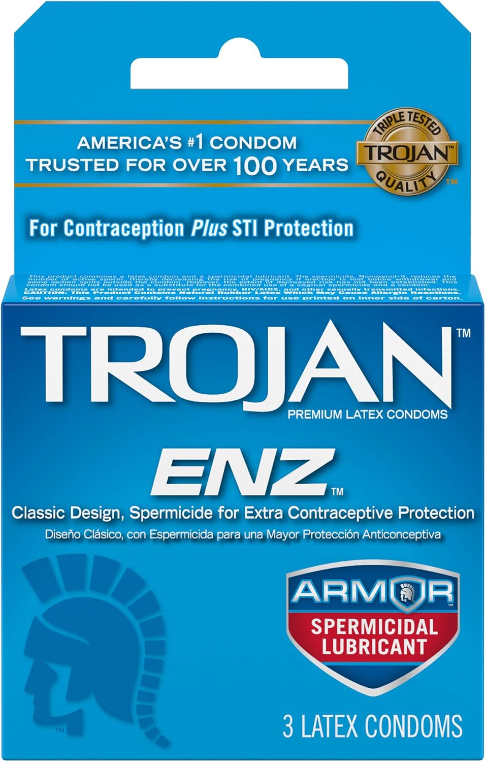 Trojan ENZ Spermicidal Lubricated Latex Condoms – 3 Pack with Nonoxynol-9 Spermicide & Reservoir Tip