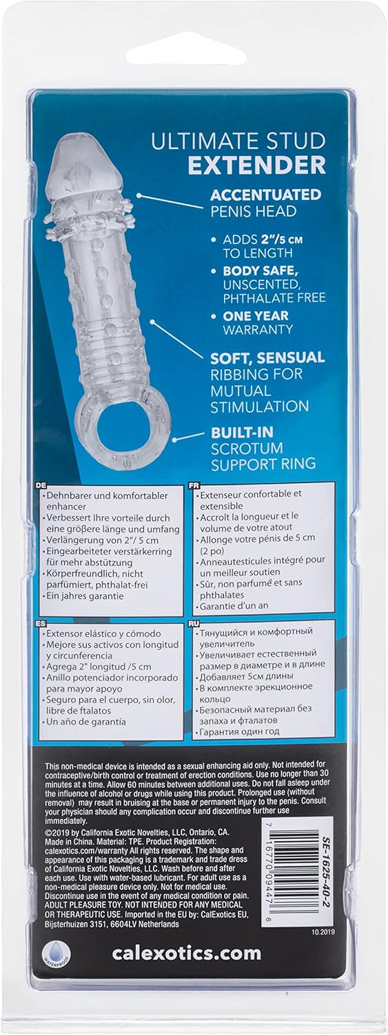 CalExotics Ultimate Stud Extender Clear – Ribbed Penis Extension Sleeve with Scrotum Support Ring