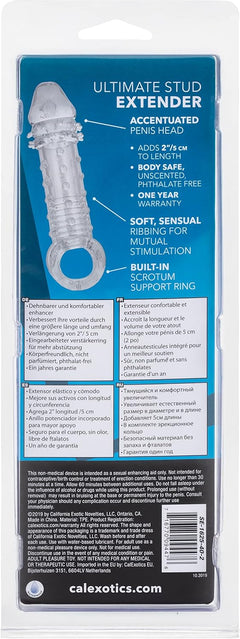 CalExotics Ultimate Stud Extender Clear – Ribbed Penis Extension Sleeve with Scrotum Support Ring