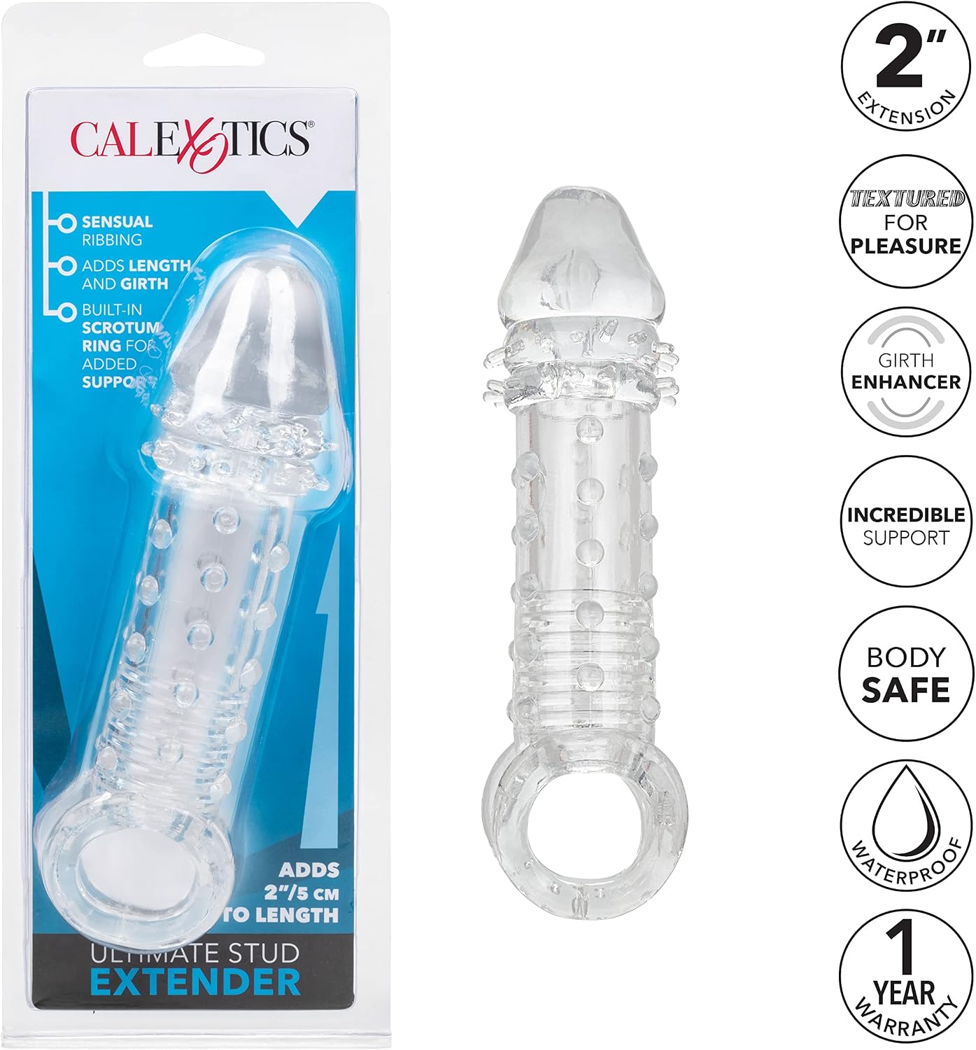 CalExotics Ultimate Stud Extender Clear – Ribbed Penis Extension Sleeve with Scrotum Support Ring