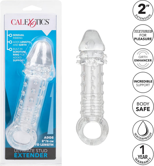 CalExotics Ultimate Stud Extender Clear – Ribbed Penis Extension Sleeve with Scrotum Support Ring