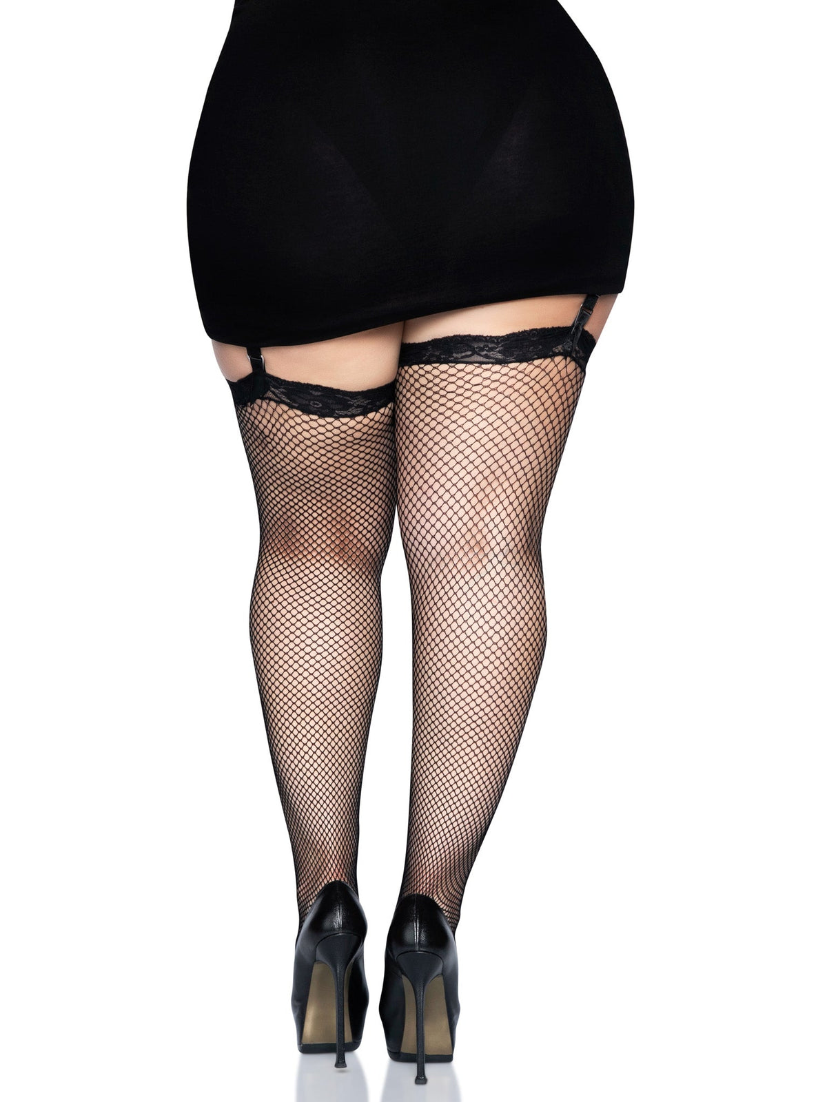 Lace Top Fishnet Stockings - Queen Size - Black