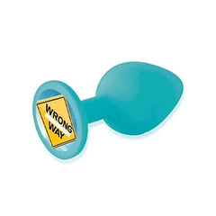 The 9's Booty Talk Wrong Way Silicone Butt Plug – Blue/Yellow Message Anal Plug