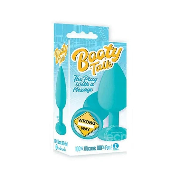 The 9's Booty Talk Wrong Way Silicone Butt Plug – Blue/Yellow Message Anal Plug