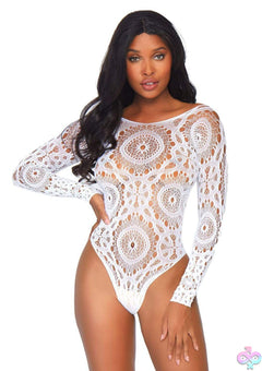 Leg Avenue Thong Back Teddy White M/L – Crochet Lace Long Sleeve Bodysuit