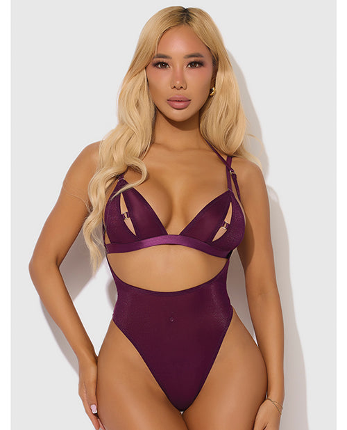 Yasmine Shimmer Mesh Slit Cup, Backless Teddy & Bralette Set - Burgundy 3X/4X