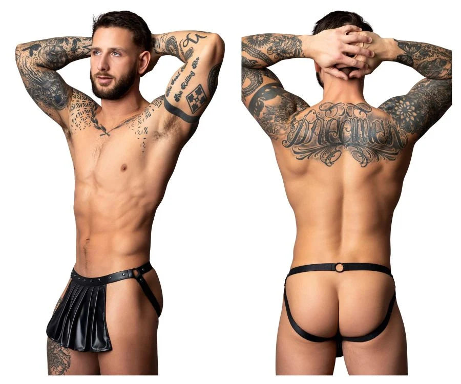 Male Power Spartacus Gladiator Skirt Jock Black S/M – Faux Leather Men's Lingerie
