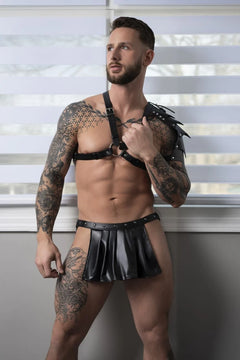 Male Power Spartacus Gladiator Skirt Jock Black S/M – Faux Leather Men's Lingerie