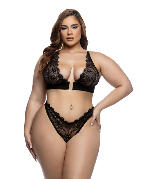 Fever Dream Chantilly Eyelash Lace and Stretch Satin Bralette w/Thong - Black 1X