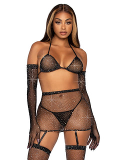 5 Pc Rhinestone Bikini Top G-String Garter Skirt, Gloves and Stockings - One Size - Burgundy