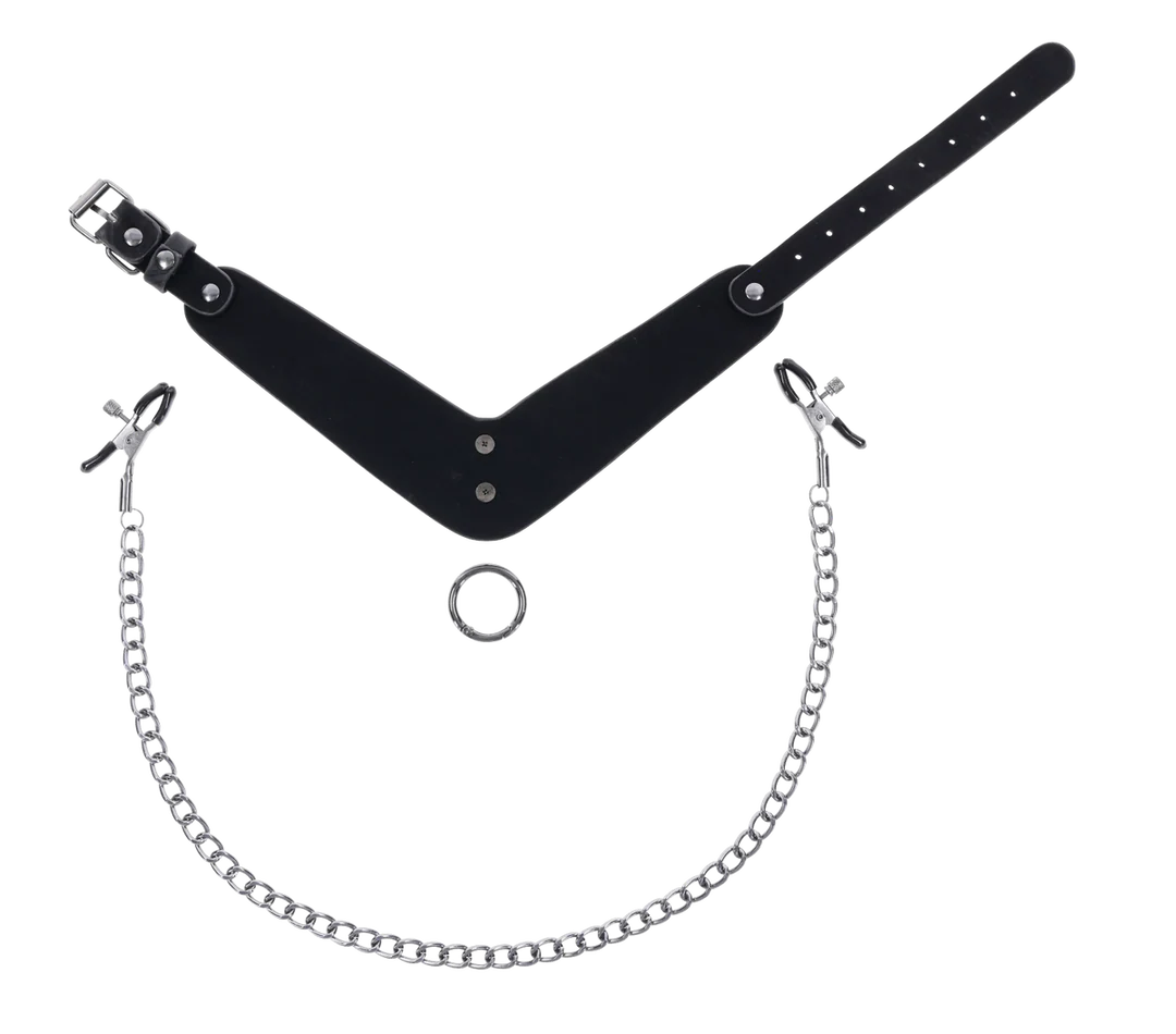 Velvet Noir Collar & Removable Clamps – Faux Leather Collar with Adjustable Nipple Clamps | Sportsheets