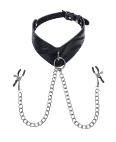 Velvet Noir Collar & Removable Clamps – Faux Leather Collar with Adjustable Nipple Clamps | Sportsheets