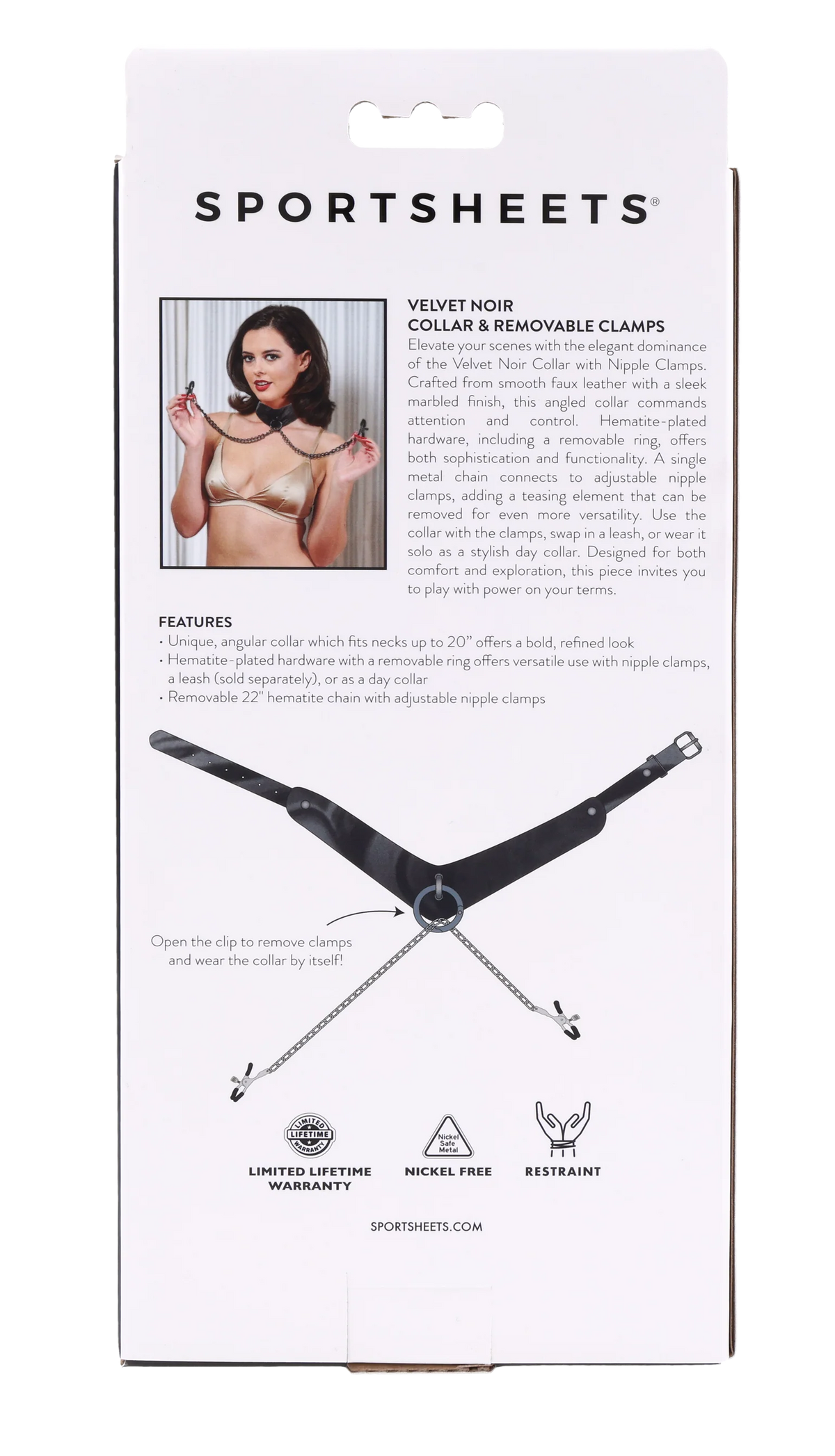 Velvet Noir Collar & Removable Clamps – Faux Leather Collar with Adjustable Nipple Clamps | Sportsheets